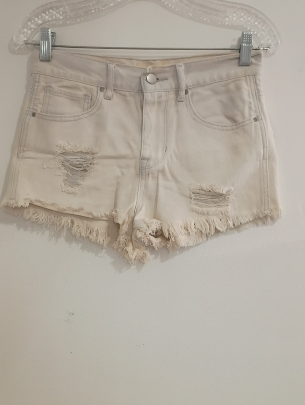 Bullhead Cream High-Rise Distressed Denim Shorts